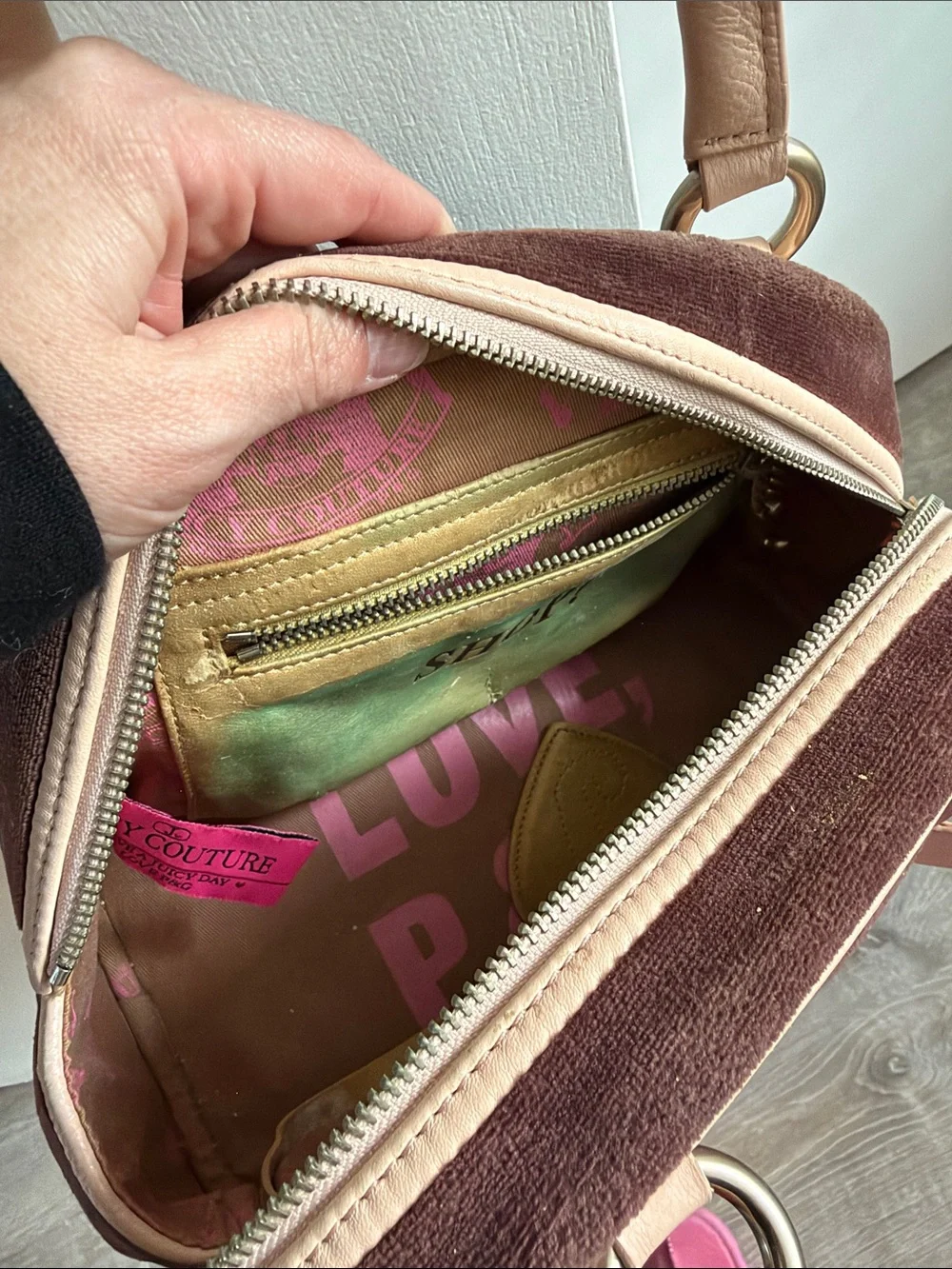 Juicy Couture Q of Couture Suede Satchel & Pencil Case in brown and Blush